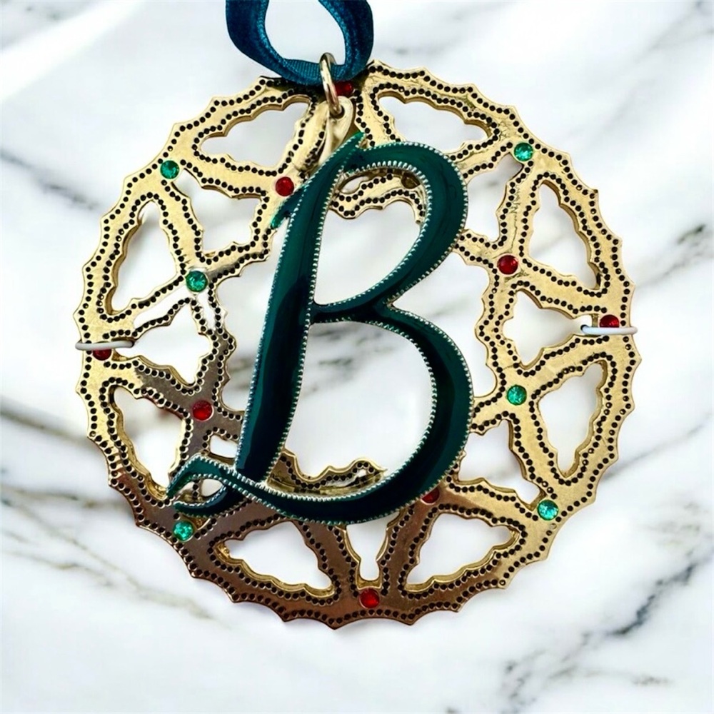 Trifari Gold Christmas Ornament w/ Red & Green Rhinestones Enamel "B"
Monogram